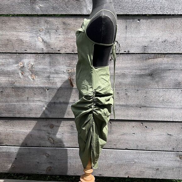 Women’s Army Green Ruched Backless Sleeveless Square Neck Midi Dress - Picture 4 of 11